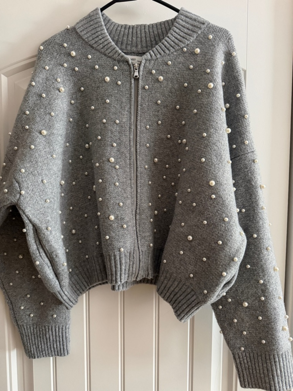 Nine West Grey Pearl-Embellished Zip Cardigan